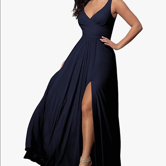 Navy blue dress with slit and lace up back. - Picture 2 of 4